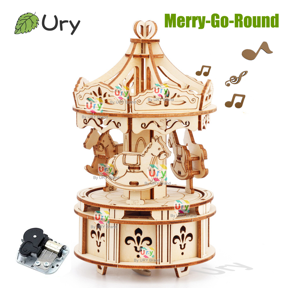 Music Box Wooden 3D Puzzle Rotating - 회전식 DIY 3D 퍼즐 회전목마 뮤직