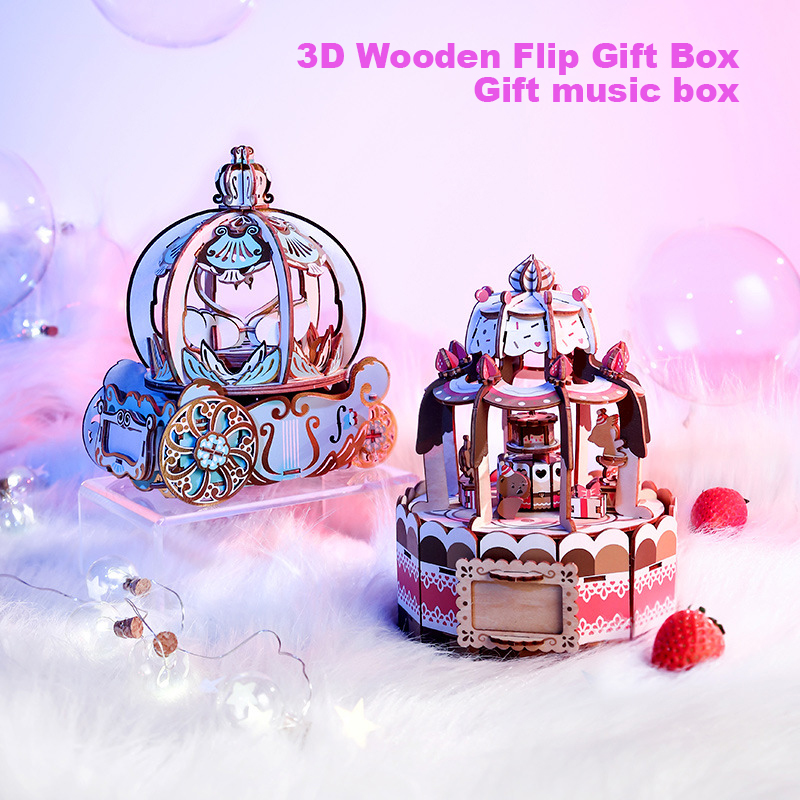 Music Box Wooden 3D Puzzle Rotating - TEAMGREEN 호박 마차 3D 나무 퍼즐