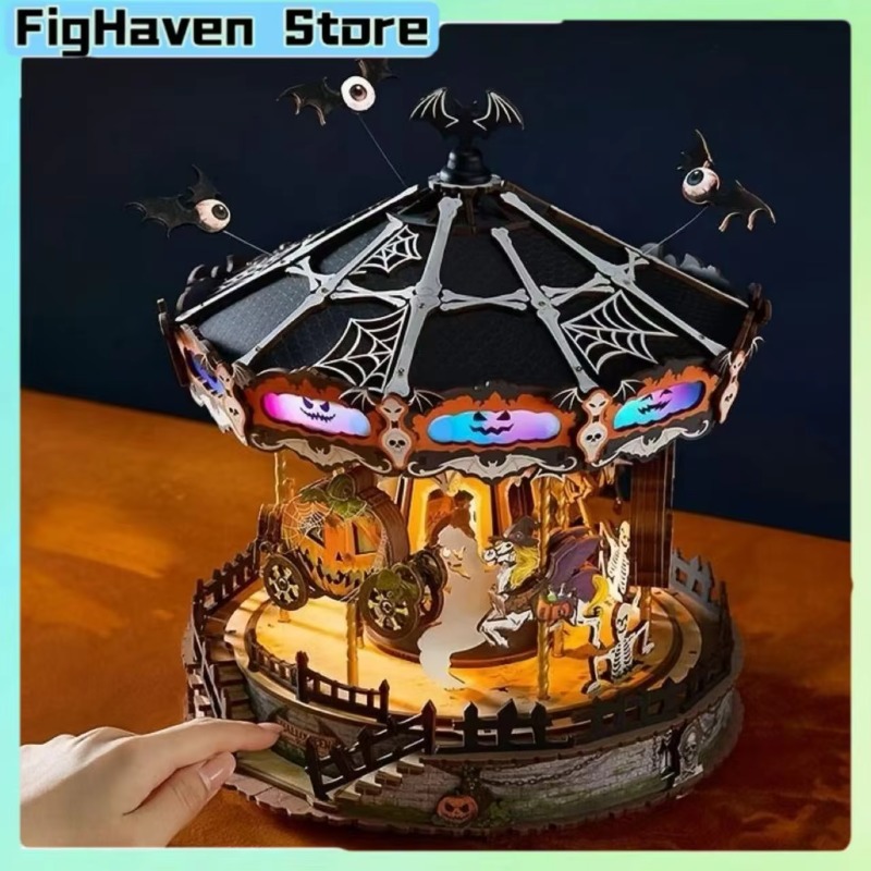 Music Box Wooden 3D Puzzle Rotating - 할로윈 회전목마 3D DIY 나무 퍼즐,