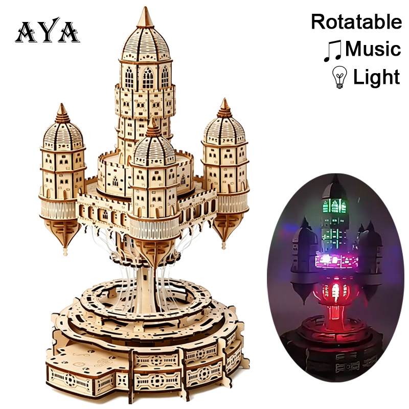 Music Box Wooden 3D Puzzle Rotating - 하늘 위의 도시 성 3D 나무