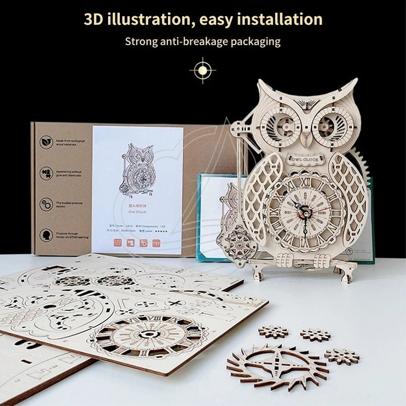 3D 나무 올빼미 시계 퍼즐 DIY 조립 레트로 기계식 - Wooden Clock Puzzle Mechanical Pendulum 리뷰 및 가격