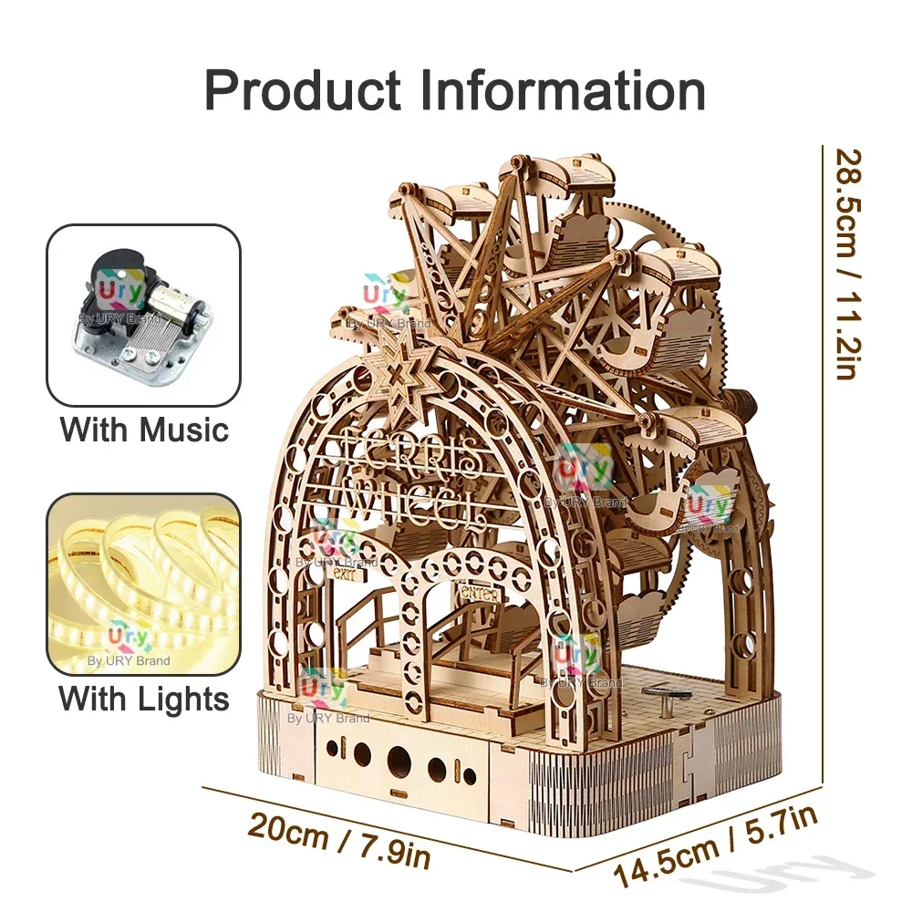 Ury 3D 나무 퍼즐 Led 손으로 구동 회전 관람차 - Music Box Wooden 3D Puzzle Rotating 리뷰 및 가격