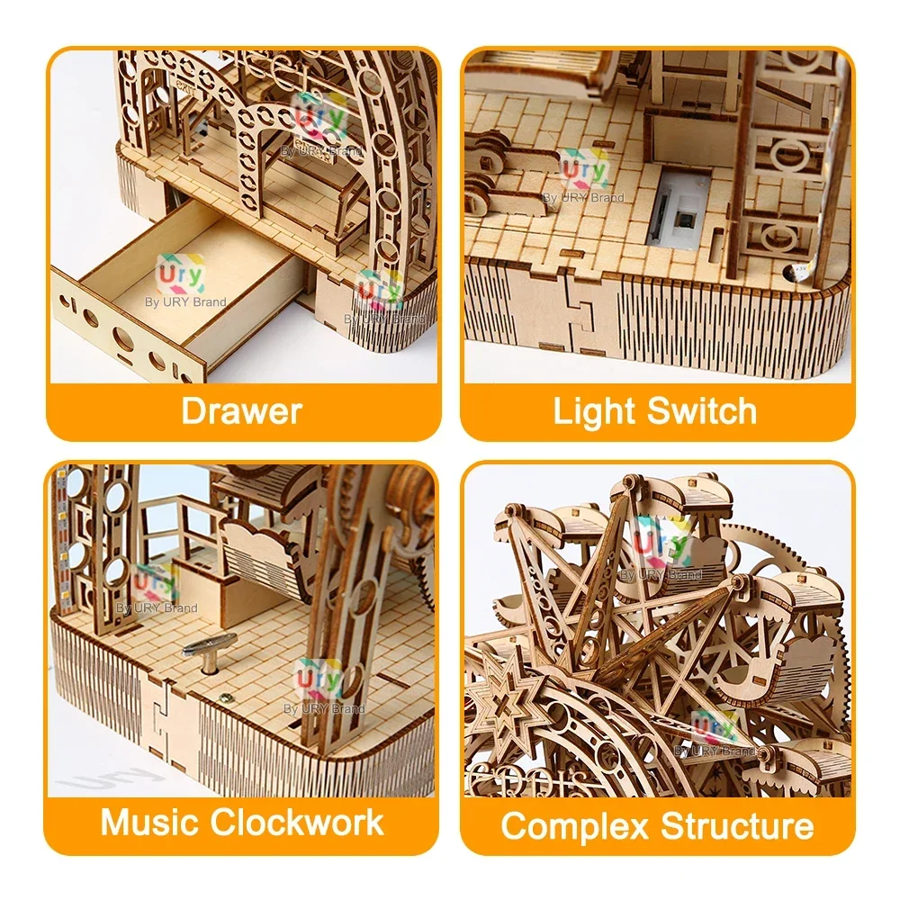 Ury 3D 나무 퍼즐 Led 손으로 구동 회전 관람차 - Music Box Wooden 3D Puzzle Rotating 리뷰 및 가격